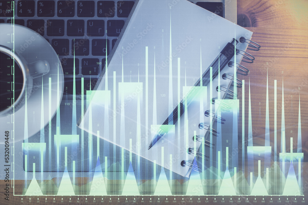 Multi exposure of forex chart drawing and work table top veiw. Concept of financial analysis. Multi exposure of forex chart drawing and work table top veiw. Concept of financial analysis.