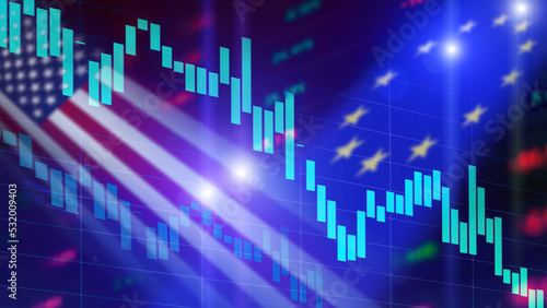 A Stock market background with USA and European Union Flags and Falling market charts