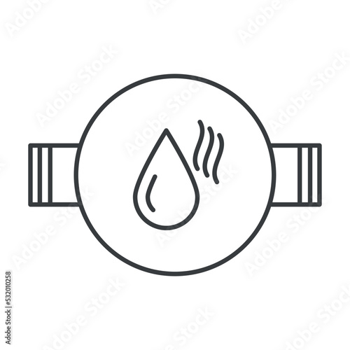 Hot water meter icon. A simple image of a round counter depicting a drop and heating. Vector over white background.