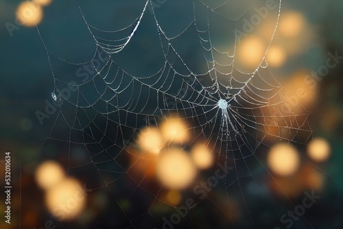 Spider web with water drops, sunset light. Gloomy natural background with a spider and cobwebs. 3D illustration.