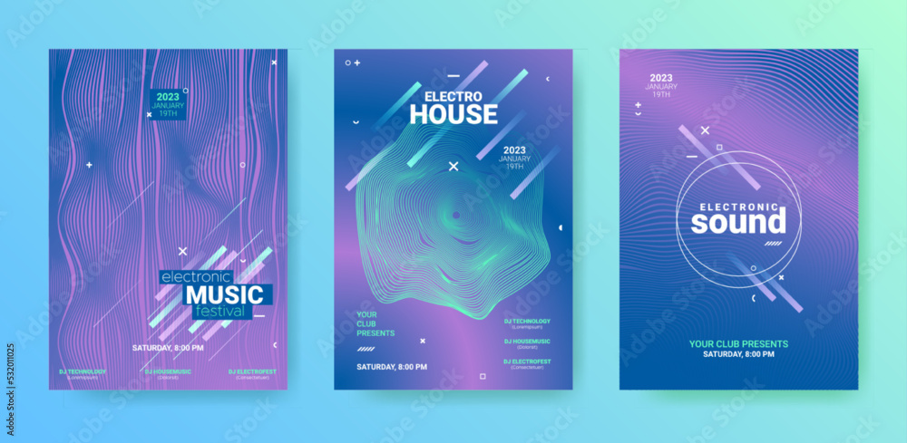 Electronic Music Cover Set. Techno Party Flyer. Gradient Distort Waves. Abstract Dj Banner. Electronic Music Covers. Geometric Sound Rhythm. Vector 3d Illustration. Electro Music Cover Collection.