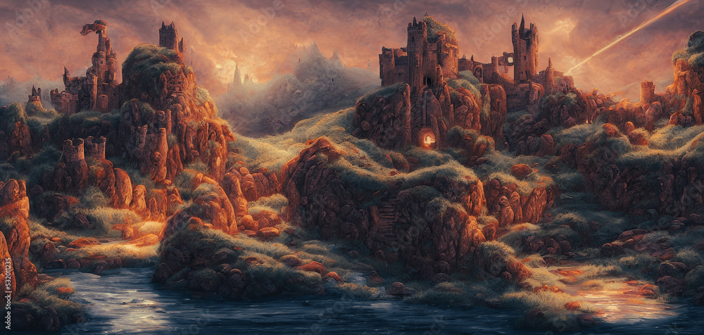 Artistic concept painting of medieval castle background 3d illustration.