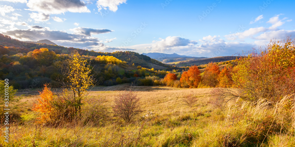 beautiful view in to the rural valley. autumn scenery on a sunny afternoon. clouds above the distant ridge with high peak beautiful view in to the rural valley. autumn scenery on a sunny afternoon. clouds above the distant ridge with high peak