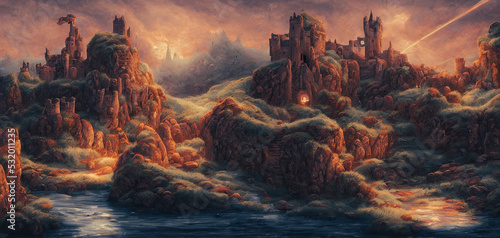 Artistic concept painting of medieval castle background 3d illustration.