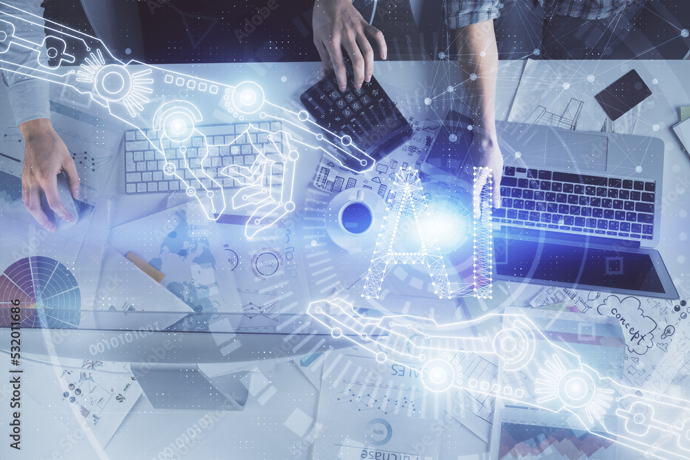 Double exposure of man and woman working together and technology theme drawing hologram. Big data concept. Computer background. Double exposure of man and woman working together and technology theme drawing hologram. Big data concept. Computer background.