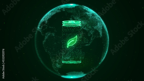 Lithium ion battery recharging with eco leaf symbol, clean renewable green innovation for world environment, Net Zero Emission energy storage technology, carbon neutral power concept 3d rendering