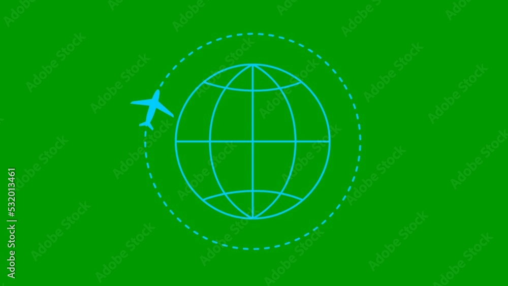 Animated blue plane flies along a trajectory. Planet Earth with plane around. Concept of airplane travel. Trip around the world. Looped video. Linear symbol. Flat illustration isolated on a green back