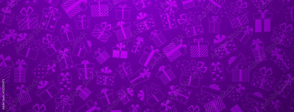Background of gift boxes with bows and different patterns, in purple colors