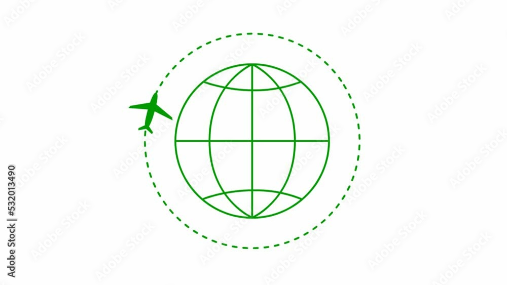 Animated green plane flies along a trajectory. Planet Earth with plane around. Concept of airplane travel. Trip around the world. Looped video. Linear symbol. Flat illustration isolated on a white bac Animated green plane flies along a trajectory. Planet Earth with plane around. Concept of airplane travel. Trip around the world. Looped video. Linear symbol. Flat illustration isolated on a white bac