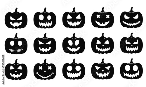 Big set of pumpkin on a white background. Black pumpkin with a smile for Halloween design. Vector illustration.