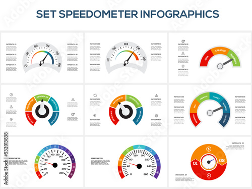 Set speedometer with 2, 3, 4, 5, 6 elements, infographic template for web, business, presentations, vector illustration. Business data visualization.