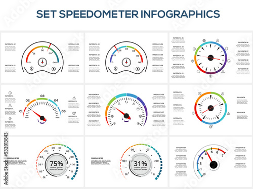 Set speedometer with 4, 5, 6, 7, 8, 9 elements, infographic template for web, business, presentations, vector illustration. Business data visualization.