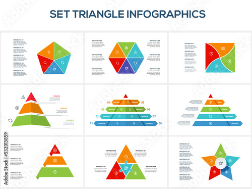 Set triangle with 4, 5, 6, 8 elements, infographic template for web, business, presentations, vector illustration. Business data visualization.