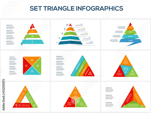 Set triangle with 3, 4, 5, elements, infographic template for web, business, presentations, vector illustration. Business data visualization.