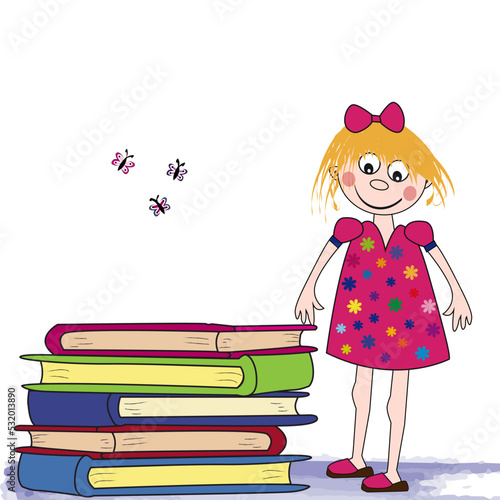 Niña feliz y libros.