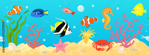 Coral reef sea life seamless banner. Undersea landscape with cute crab, starfish, golden fish, bannerfish, blue and yellow tang, zebrasoma, clownfish, seahorse and corals. Vector cartoon illustration 