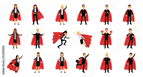 Business People Character Wearing Red Superhero Cloak or Cape Having Super Power Vector Big Set
