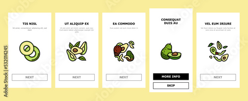 avocado food green half onboarding mobile vector. vegetable slice fresh, healthy organic seed, tropical cut ripe, nutrition plant avocado food green half color line illustrations