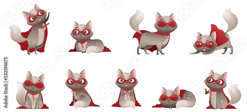 Cat Superhero Character with Grey Coat Wearing Red Cloak and Mask Vector Set