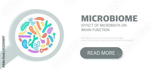 Microbiome website landing page template, newsletter, advertising, label, presentation. Vector background with bacteria.