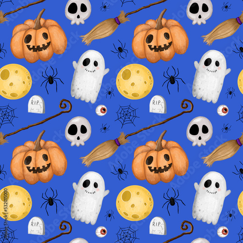Halloween pattern. Cute horror illustrations. Seamless pattern with pumpkin, ghost, skull, broom. Print for bed linen, fabric, clothing, wallpaper.