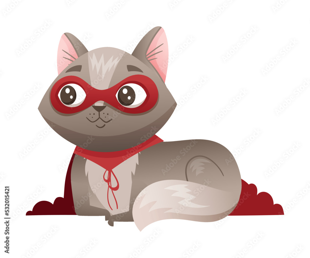 Grey Cat Superhero Character Wearing Red Cloak and Mask Sitting Vector Illustration