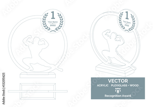 Bodybuilding trophy vector template, Muscle contest trophy template, Bodybuilder championship recognition award