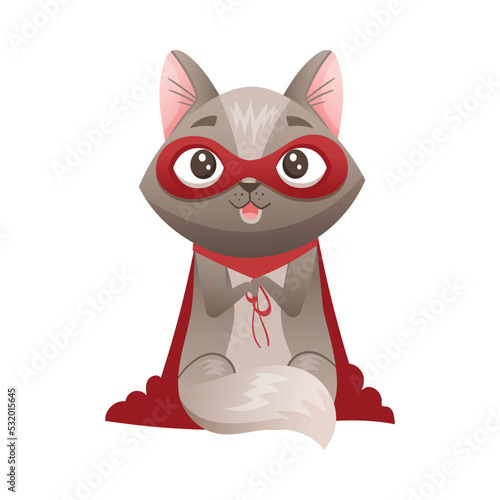 Grey Cat Superhero Character Wearing Red Cloak and Mask Sitting Vector Illustration