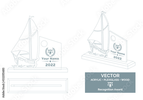 Sailing race trophy vector template, Sailing boat trophy template, Sailing championship recognition award.
