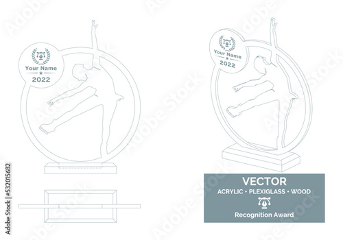 Ice skating trophy vector template, Ice skater award trophy template, Ice skate championship recognition award.