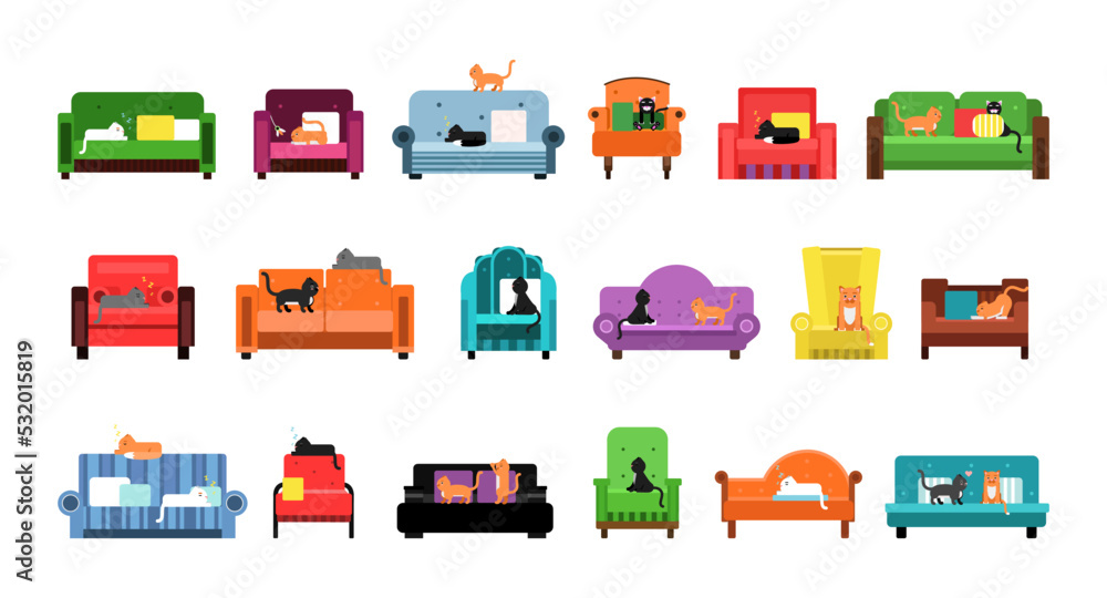 Cats Sitting on Furniture as Domestic Pet Having Indoor Rest at Home Vector Big Set Cats Sitting on Furniture as Domestic Pet Having Indoor Rest at Home Vector Big Set