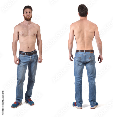 back and front view of same man shirtless on white background