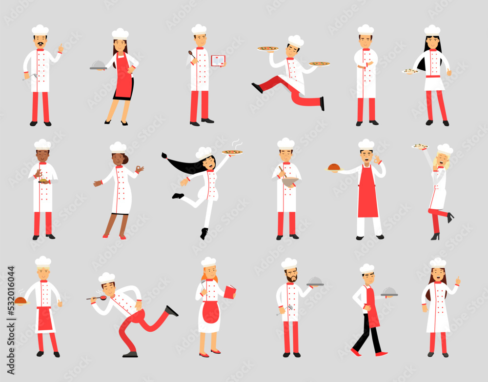 Professional Cooking Chefs Working In Restaurant Wearing Classic Traditional White Uniform and Toque Big Vector Set Professional Cooking Chefs Working In Restaurant Wearing Classic Traditional White Uniform and Toque Big Vector Set