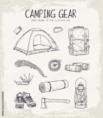 Camping equipment drawing collection - vector illustration