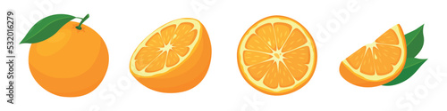 Set of fresh yellow orange in cartoon style. Vector illustration of fruits whole and cut, with leaves on white background.