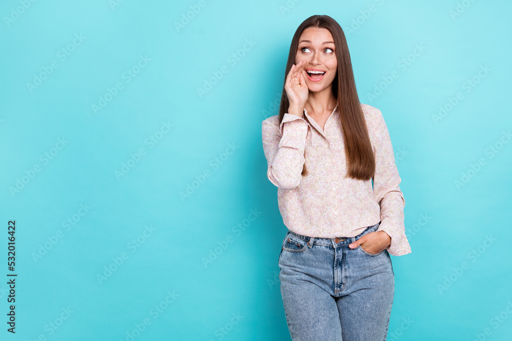 Close up photo of stylish pretty lady look empty space say hurry up share good news black friday sale isolated on cyan color background Close up photo of stylish pretty lady look empty space say hurry up share good news black friday sale isolated on cyan color background