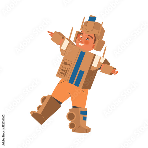 Happy Little Boy in Homemade Cardboard Robot Costume Playing and Having Fun Vector Illustration