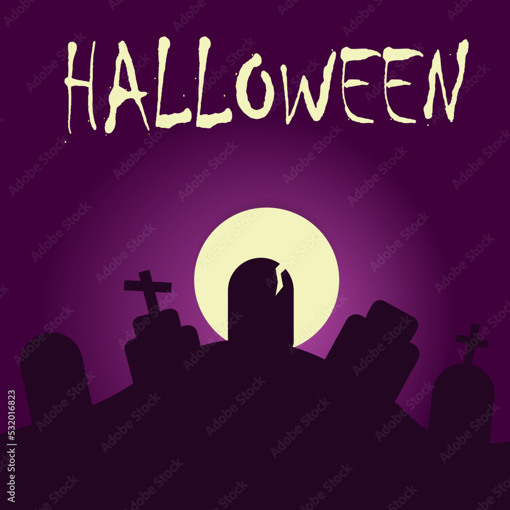 dark graves on purple background with Halloween sign and moon