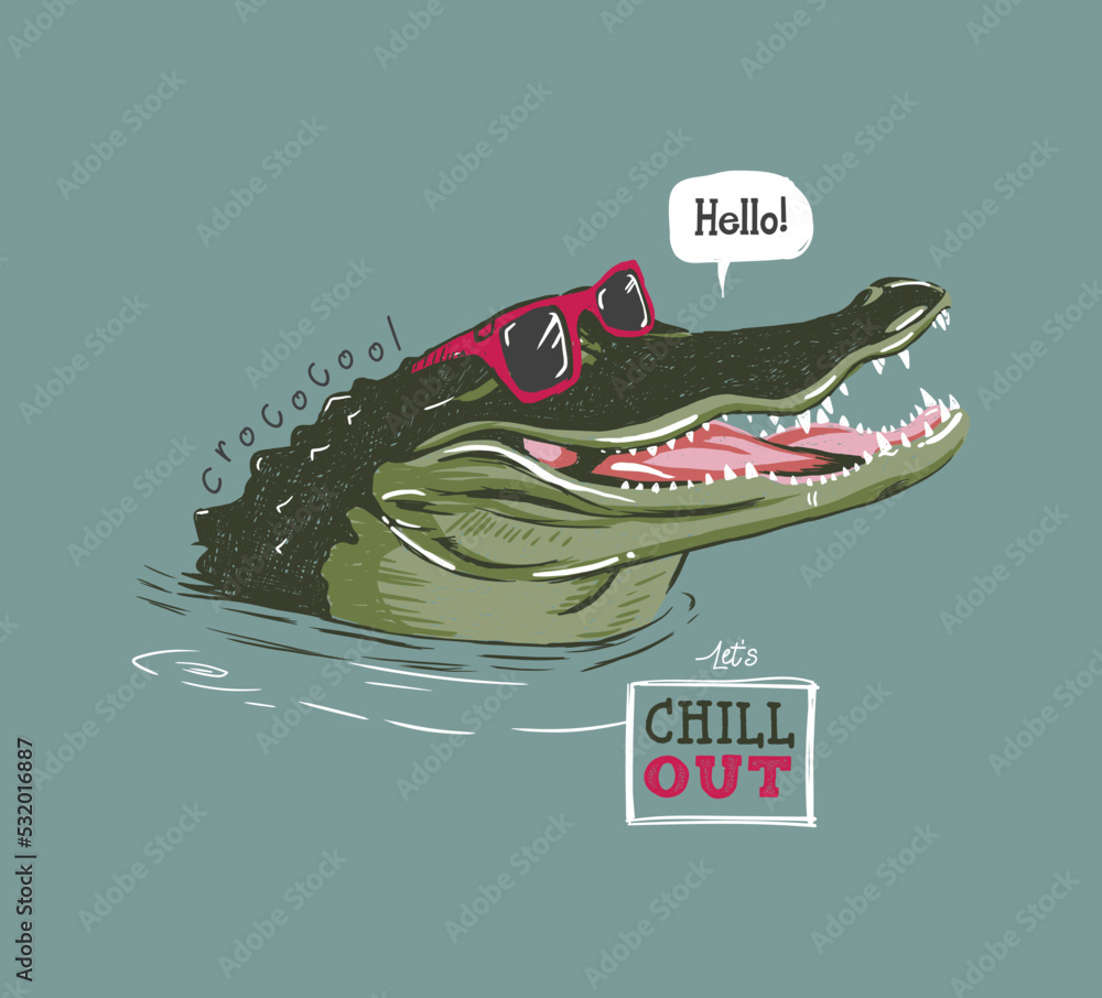 cool cartoon crocodile with sunglasses vector hand drawn illustration