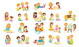 Little Kids Together with Parents Engaged in Hobby and Leisure Activity Vector Big Set