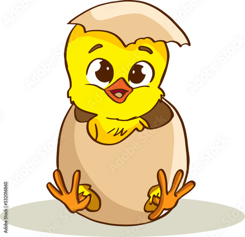 Cute little cartoon chick hatched from an egg isolated on a white background