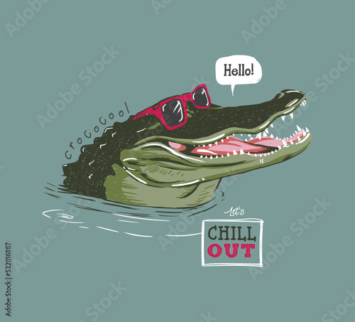 cool cartoon crocodile with sunglasses vector hand drawn illustration