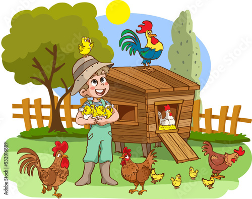 cute boy loving chicks in coop