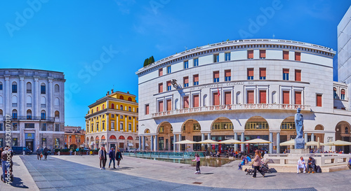 Panorama of Piazza della Vittoria with Palazzo Assicurazioni Generali, Brescia, Italy