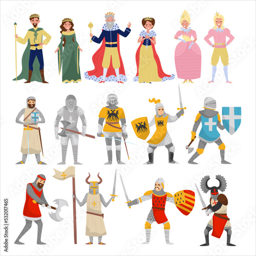 Medieval Historical Character with Royal Queen, King and Knight Warrior with Sword and Shield Big Vector Set