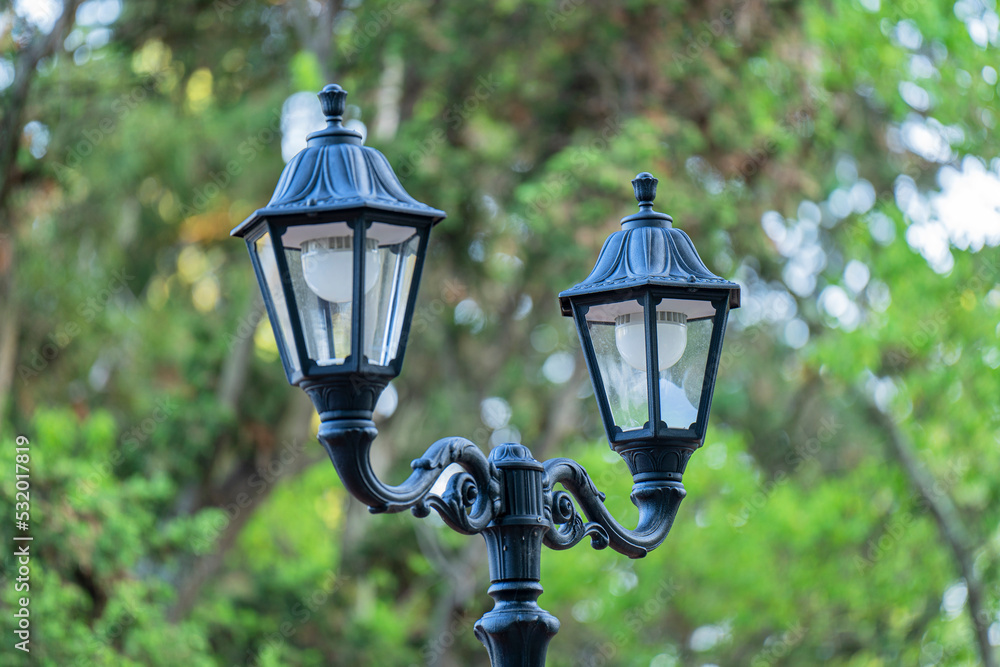 Antique street lamp on a green background