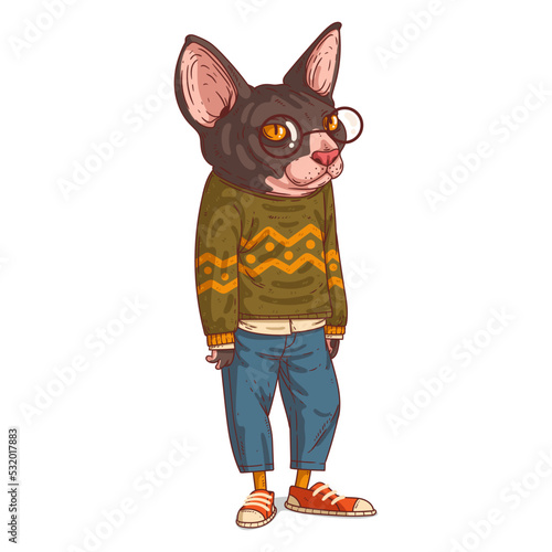 An Urban Cat, isolated vector illustration. Cartoon picture of a sphynx in casual outfit and spectacles. Drawn feline sticker. Calm anthropomorphic cat on white background. A trendy dressed animal.