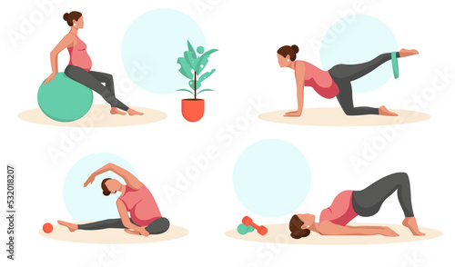 Set of fitness yoga pregnant woman exercises isolated on white background