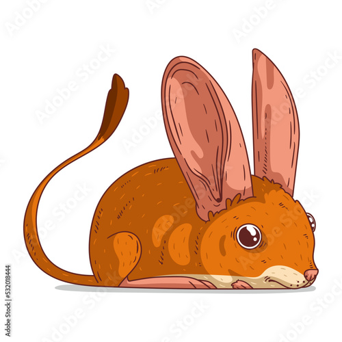 A Hiding Jerboa, isolated vector illustration. A cute cartoon picture of a jerboa lying. An animal sticker. Simple drawing of a rodent on white background. A shy desert mouse looking at something.