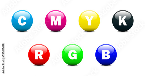 CMYK and RGB colorful glossy spheres. Cmyk icons. Rgb colors. Flat vector illustration.